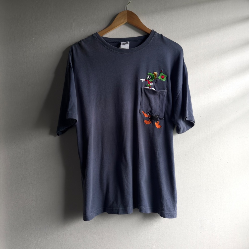 Vintage Warner Bros Looney Tunes Embroidered Pocket Tee Mens L Blue Marvin Daffy